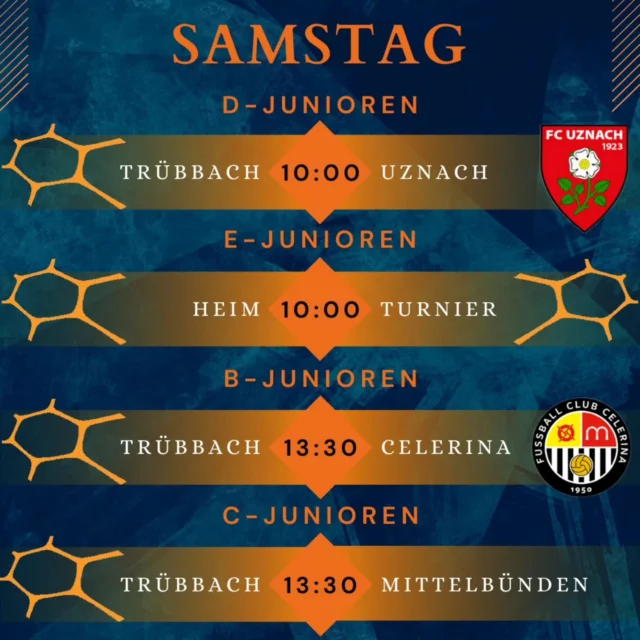 Nachdem unsere 1. Mannschaft die zweite Garde des FC Gams mit 4:0 besiegt hat, stehen für alle anderen FCT-Teams die Partien noch an.

Die D-Junioren treffen am Samstagmorgen zuhause auf den FC Celerina. Es wird viel los sein um diese Zeit auf dem Gufalons, denn auf dem Hauptplatz bestreiten gleichzeitig die E-Junioren ihr Heimturnier. Im Anschluss gilt es, auch zuhause, für die C-Junioren gegen das Team Mittelbünden ernst. Die B-Junioren werden in Sargans gegen Celerina um Punkte kämpfen.

Wie gewohnt folgt am Sonntag die Partie der A-Junioren, auswärts beim FC Schwanden. Für die Senioren gilt es wiederum am Mittwoch ernst, sie treffen dann auf den FC Mels.

Hopp Trübbach! 🔵🟠